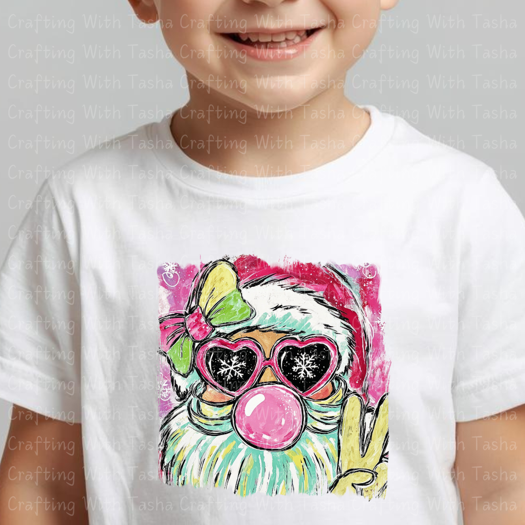 Bubblegum Santa Peace Sign DTF Transfer – Retro Pink Christmas Gnome Design