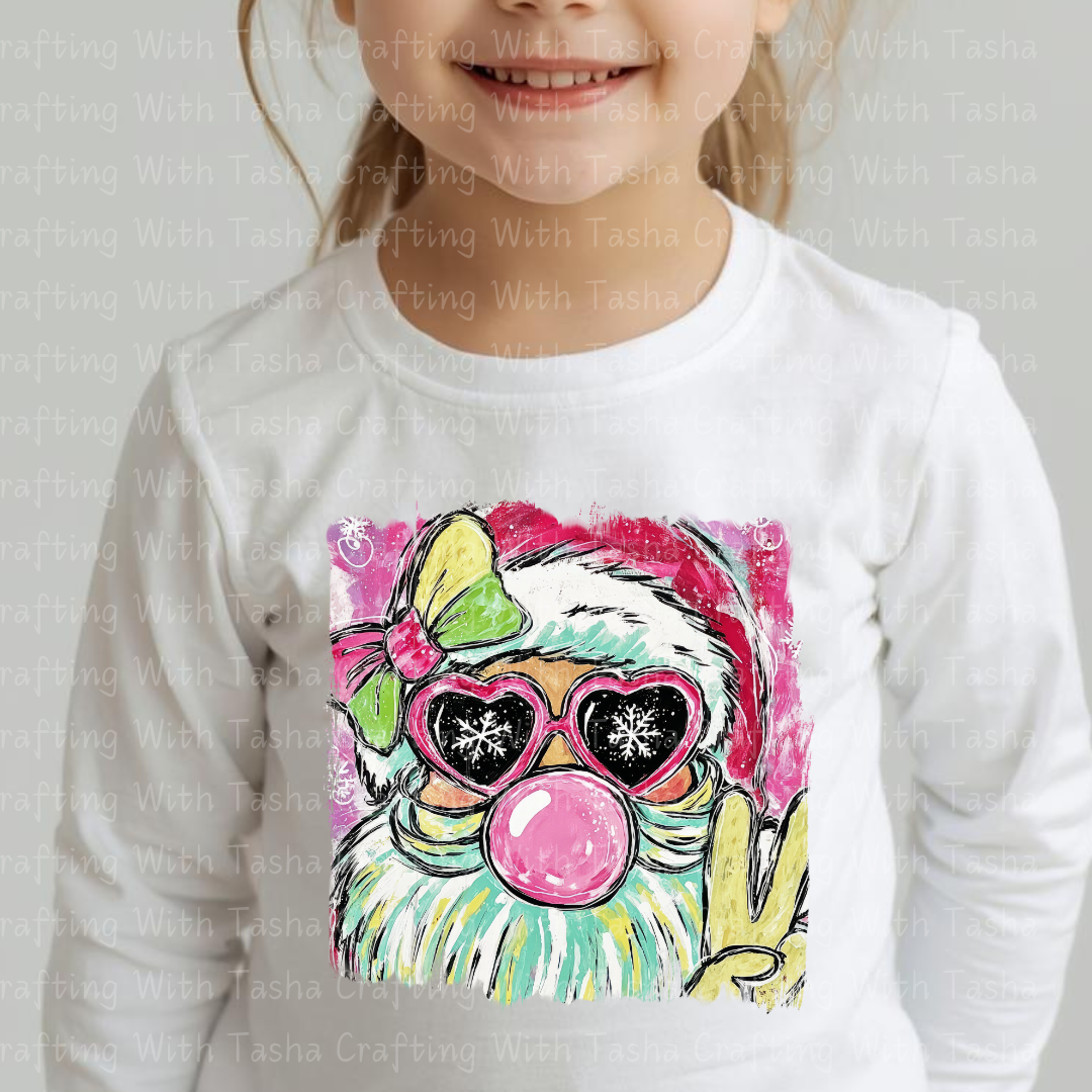 Bubblegum Santa Peace Sign DTF Transfer – Retro Pink Christmas Gnome Design