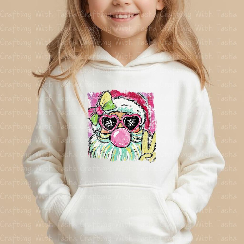 Bubblegum Santa Peace Sign DTF Transfer – Retro Pink Christmas Gnome Design
