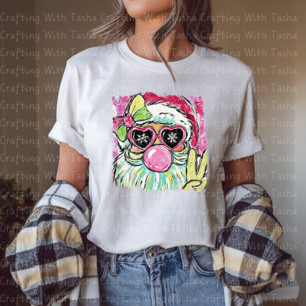 Bubblegum Santa Peace Sign DTF Transfer – Retro Pink Christmas Gnome Design
