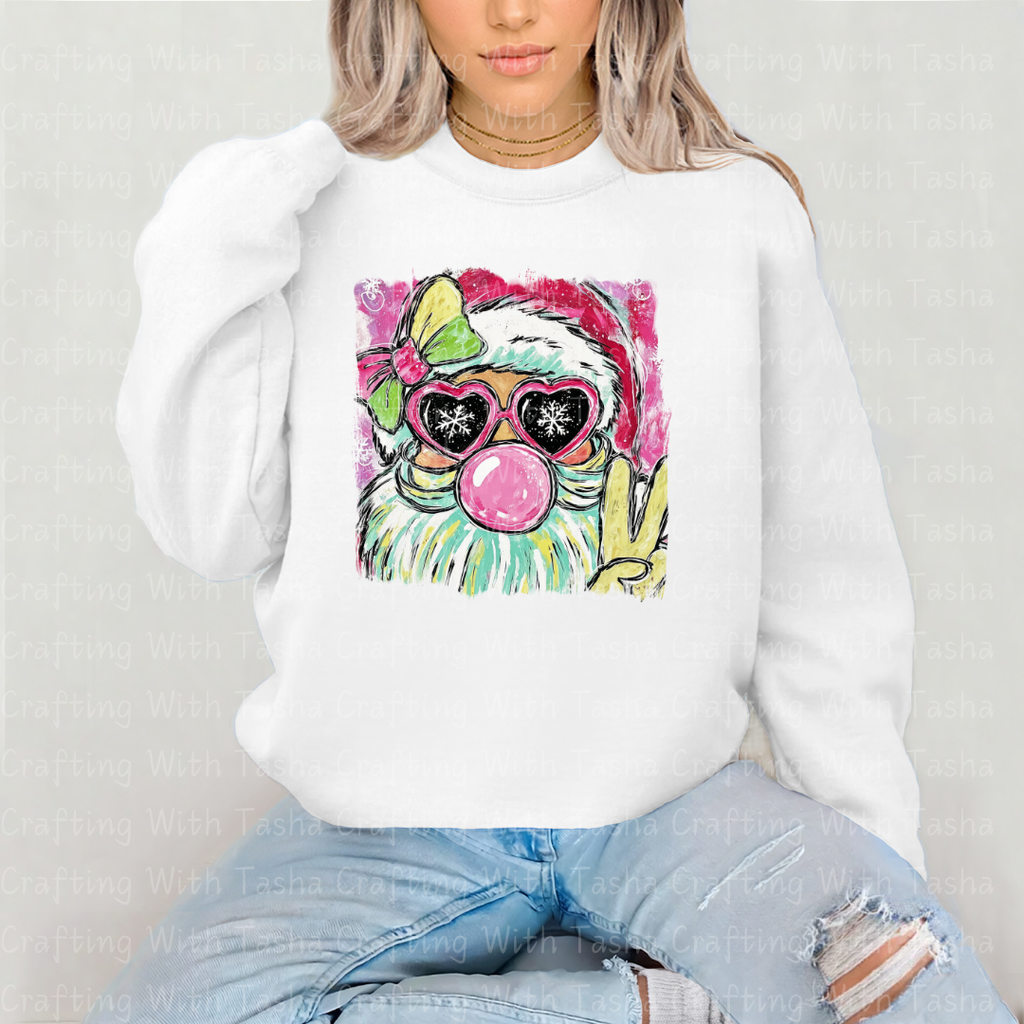 Bubblegum Santa Peace Sign DTF Transfer – Retro Pink Christmas Gnome Design