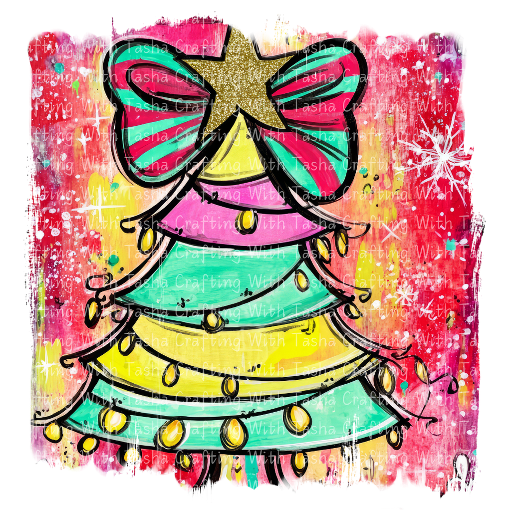 Bright Rainbow Christmas Tree DTF Transfer – Retro Bow Holiday Design