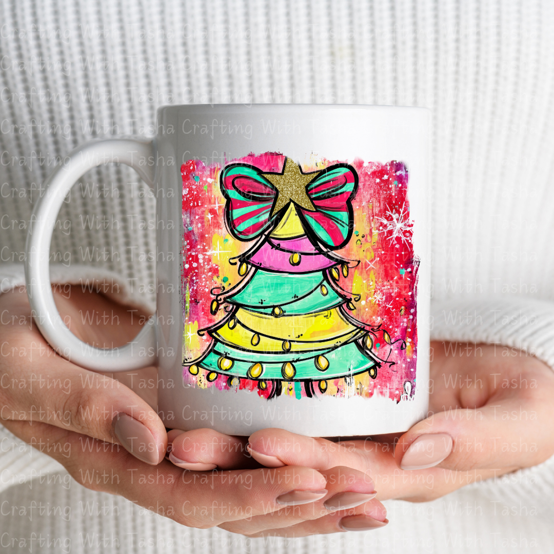 Bright Rainbow Christmas Tree DTF Transfer – Retro Bow Holiday Design