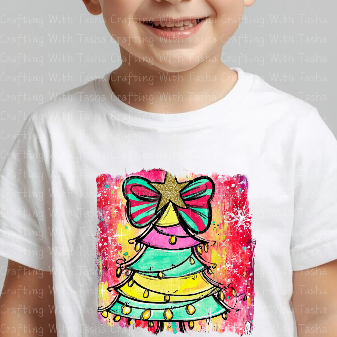 Bright Rainbow Christmas Tree DTF Transfer – Retro Bow Holiday Design