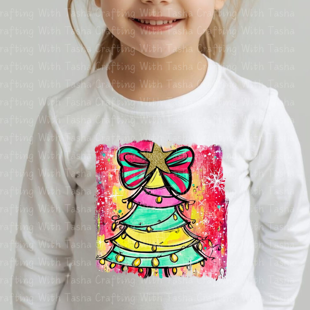 Bright Rainbow Christmas Tree DTF Transfer – Retro Bow Holiday Design