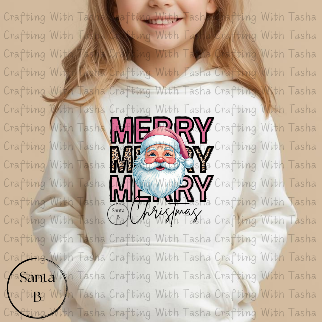 Merry Merry Merry Christmas Santa B with Leopard Print Design – Customizable DTF Transfer, T-Shirt, Crew Neck, Hoodie, or Cup Transfer