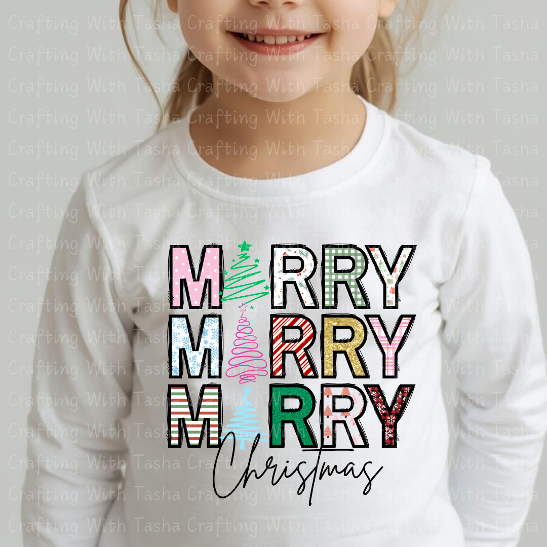 Colorful Patterned Merry Merry Merry Christmas Design – Customizable DTF Transfer, T-Shirt, Crew Neck, Hoodie, or Cup Transfer