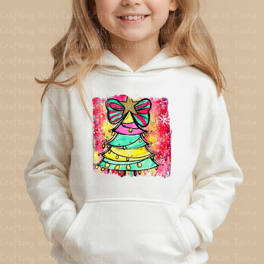 Bright Rainbow Christmas Tree DTF Transfer – Retro Bow Holiday Design