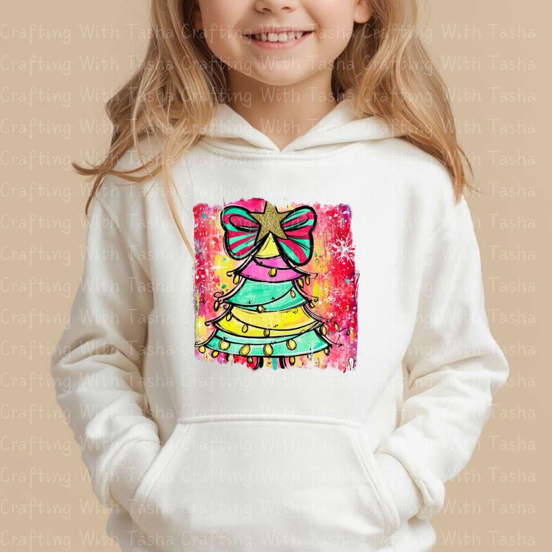 Bright Rainbow Christmas Tree DTF Transfer – Retro Bow Holiday Design