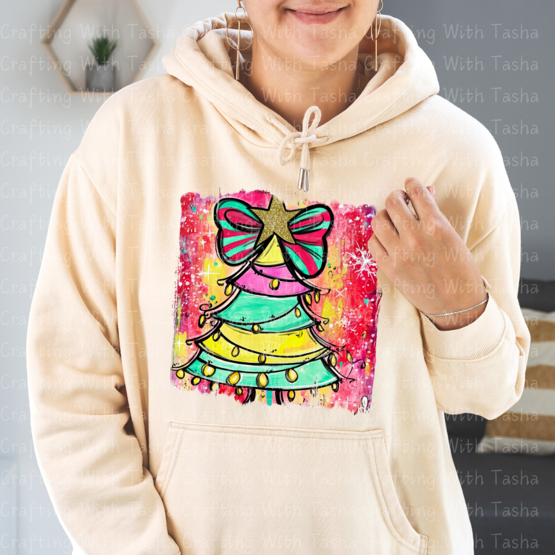 Bright Rainbow Christmas Tree DTF Transfer – Retro Bow Holiday Design