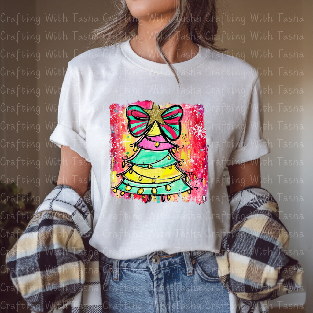 Bright Rainbow Christmas Tree DTF Transfer – Retro Bow Holiday Design