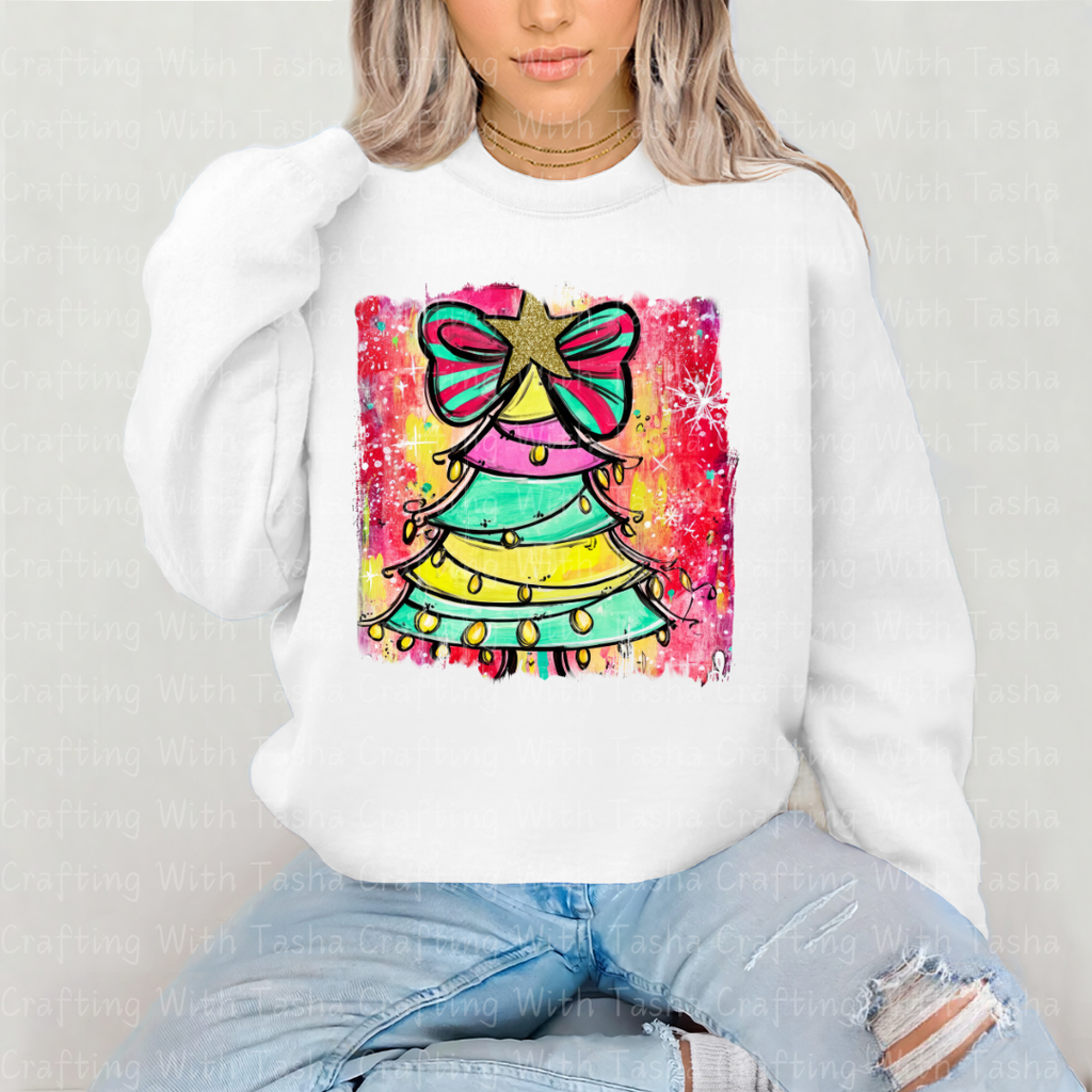 Bright Rainbow Christmas Tree DTF Transfer – Retro Bow Holiday Design