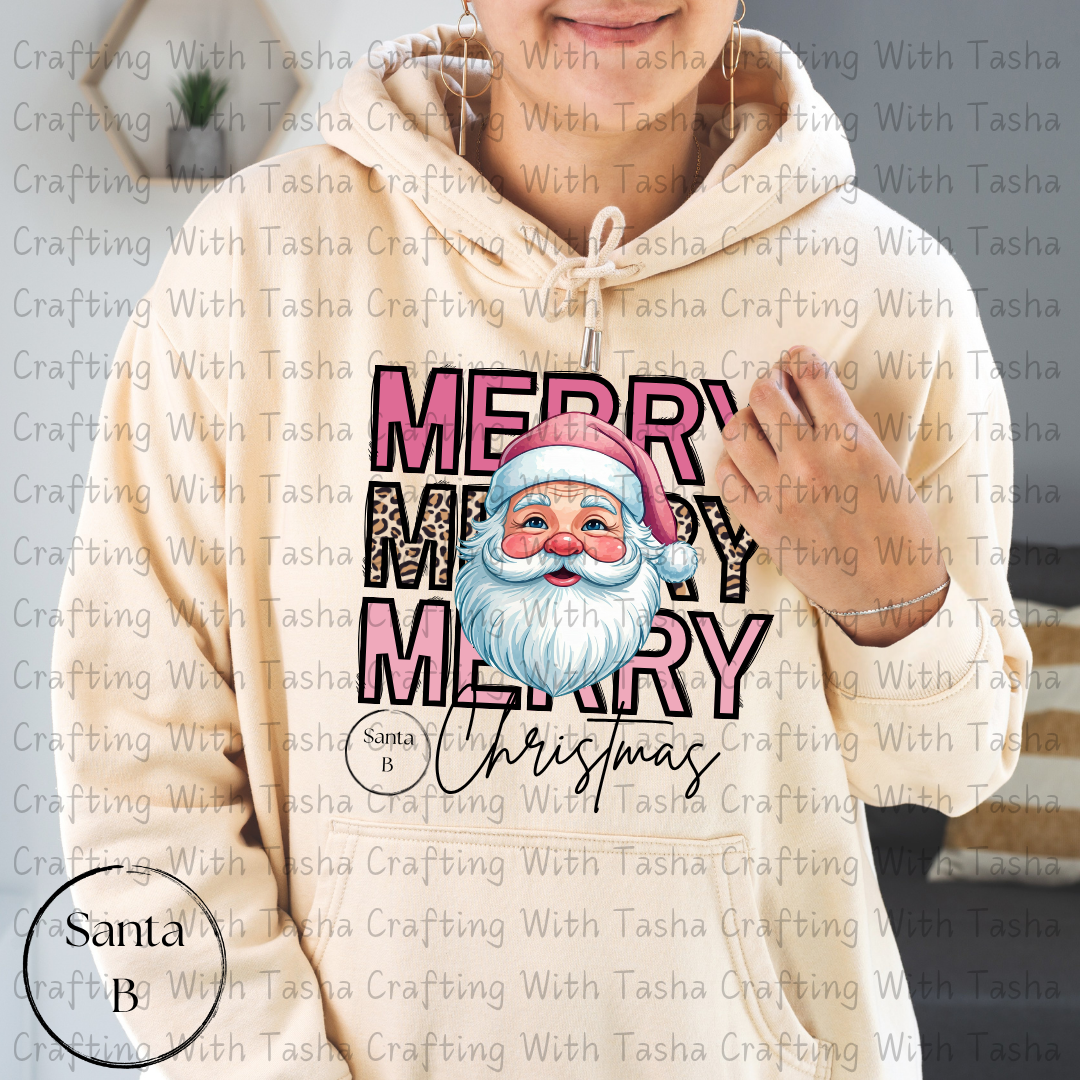 Merry Merry Merry Christmas Santa B with Leopard Print Design – Customizable DTF Transfer, T-Shirt, Crew Neck, Hoodie, or Cup Transfer
