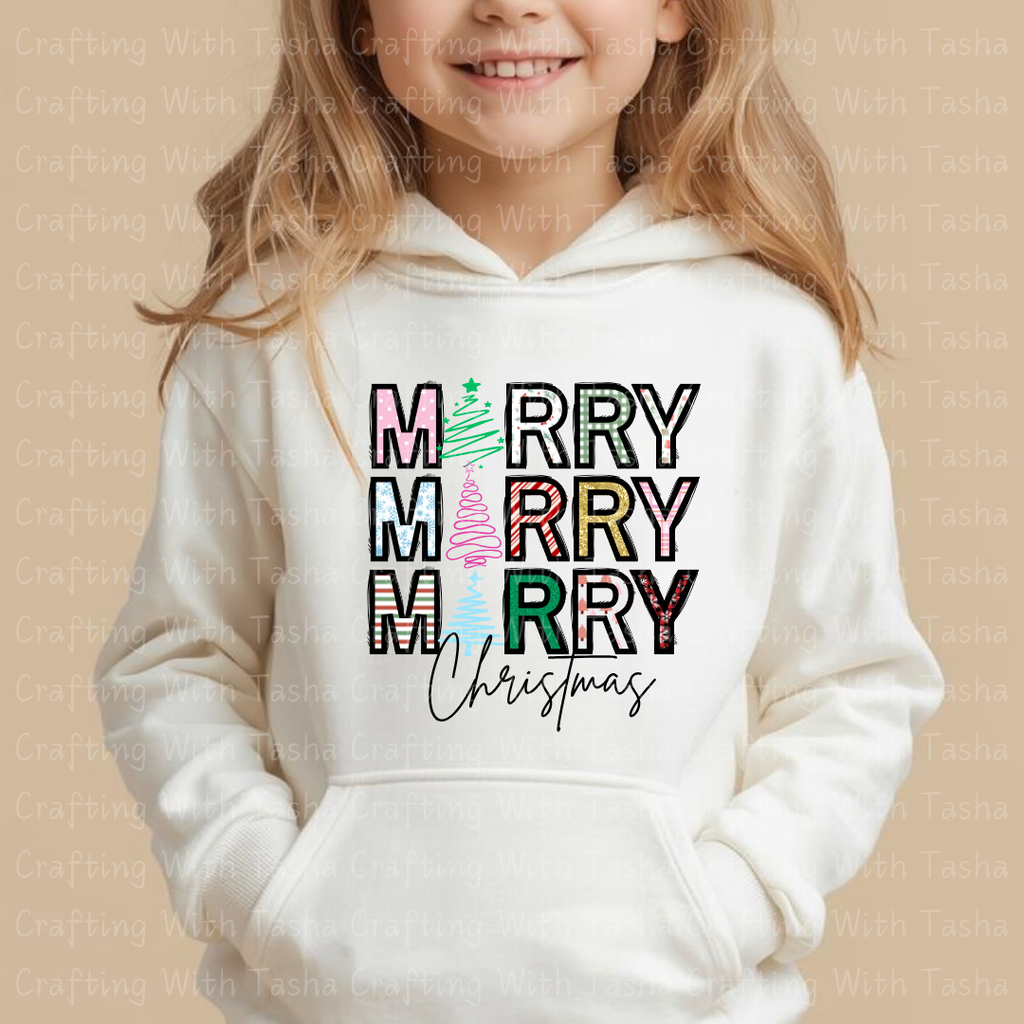 Colorful Patterned Merry Merry Merry Christmas Design – Customizable DTF Transfer, T-Shirt, Crew Neck, Hoodie, or Cup Transfer