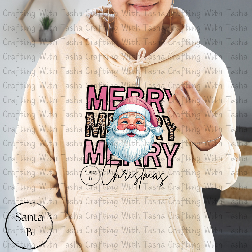 Merry Merry Merry Christmas Santa B with Leopard Print Design – Customizable DTF Transfer, T-Shirt, Crew Neck, Hoodie, or Cup Transfer