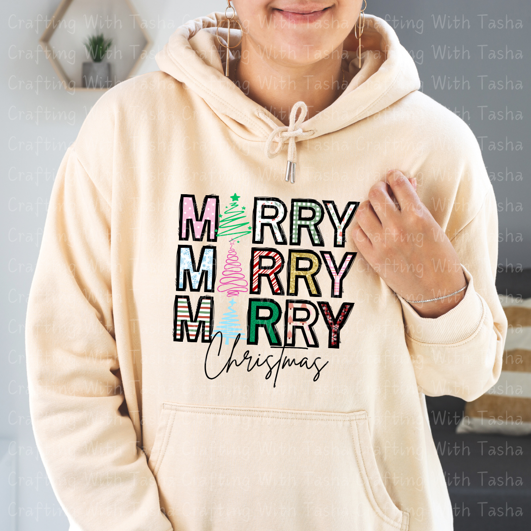 Colorful Patterned Merry Merry Merry Christmas Design – Customizable DTF Transfer, T-Shirt, Crew Neck, Hoodie, or Cup Transfer