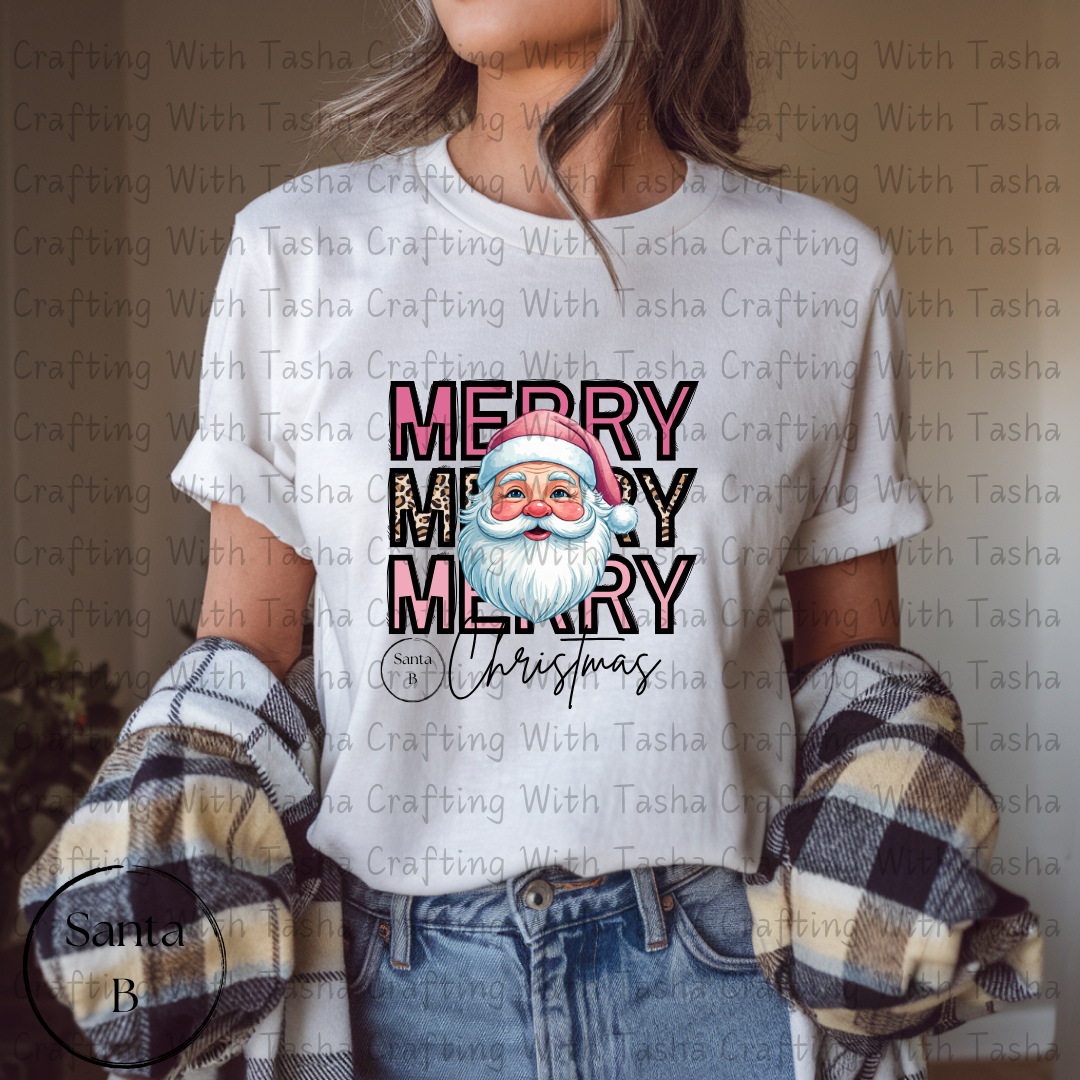 Merry Merry Merry Christmas Santa B with Leopard Print Design – Customizable DTF Transfer, T-Shirt, Crew Neck, Hoodie, or Cup Transfer