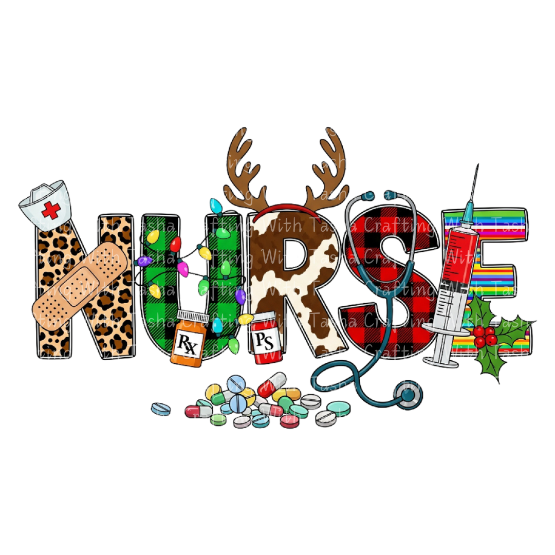 Christmas Nurse DTF Transfer – Leopard Print, Reindeer, RX Bottles, Holiday Medical Design