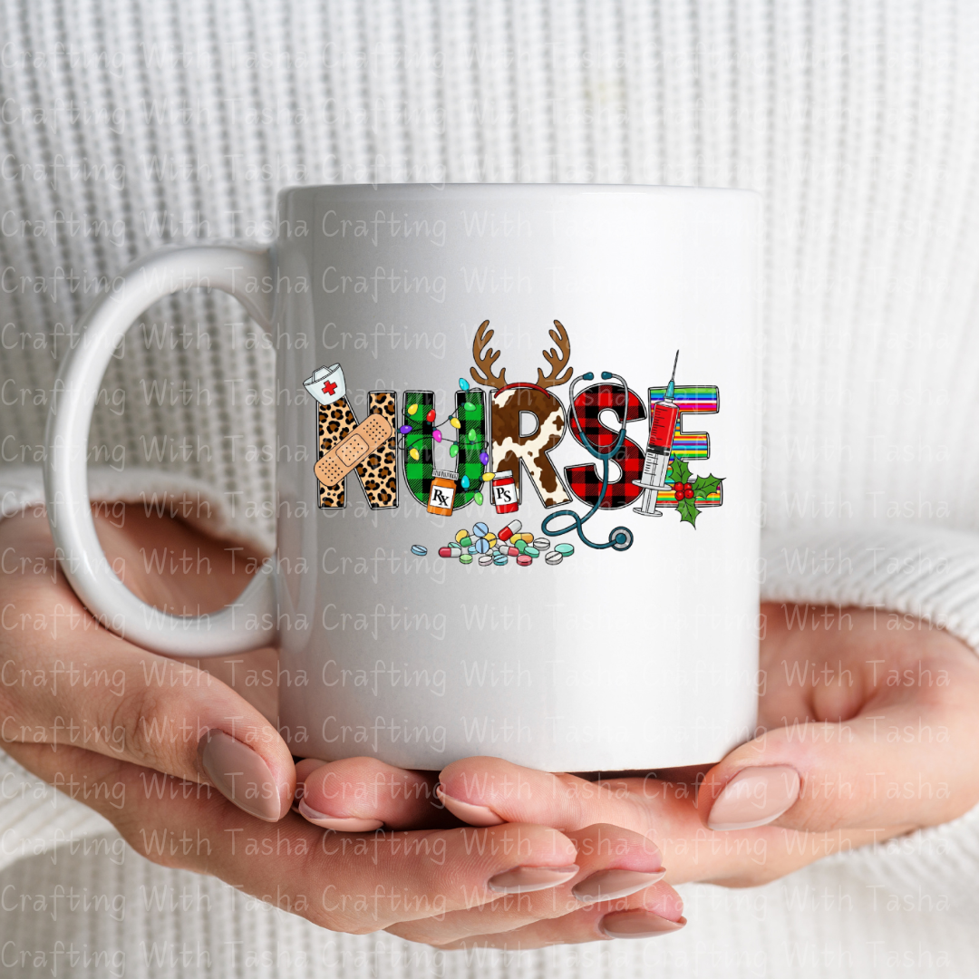 Christmas Nurse DTF Transfer – Leopard Print, Reindeer, RX Bottles, Holiday Medical Design