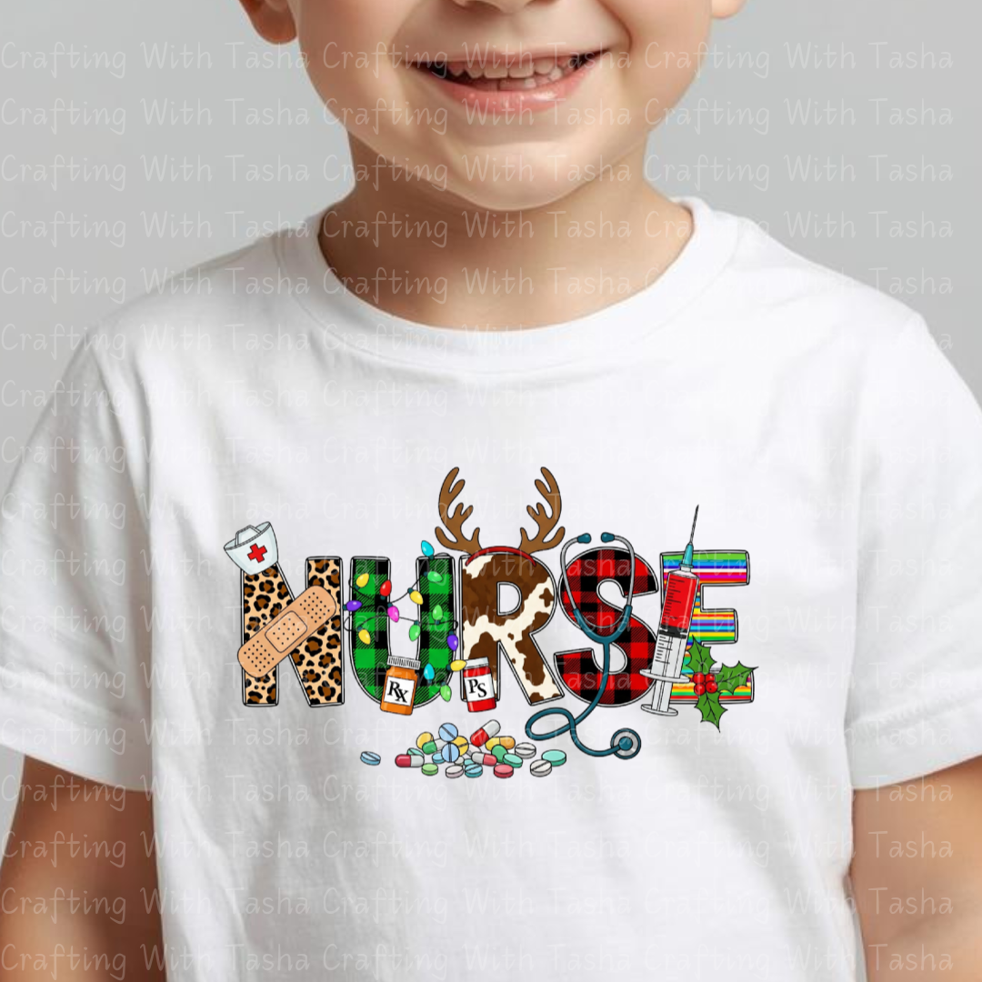 Christmas Nurse DTF Transfer – Leopard Print, Reindeer, RX Bottles, Holiday Medical Design