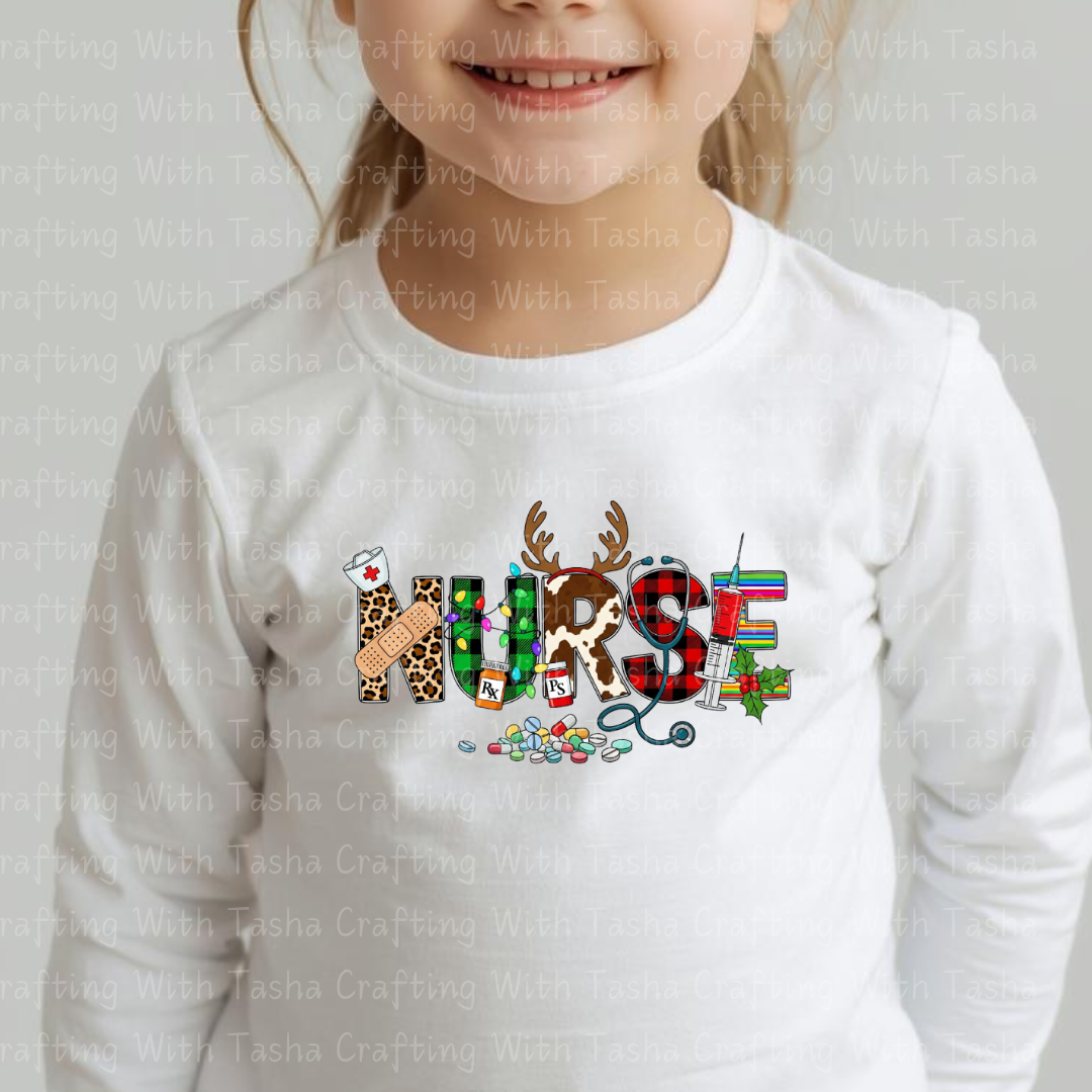 Christmas Nurse DTF Transfer – Leopard Print, Reindeer, RX Bottles, Holiday Medical Design