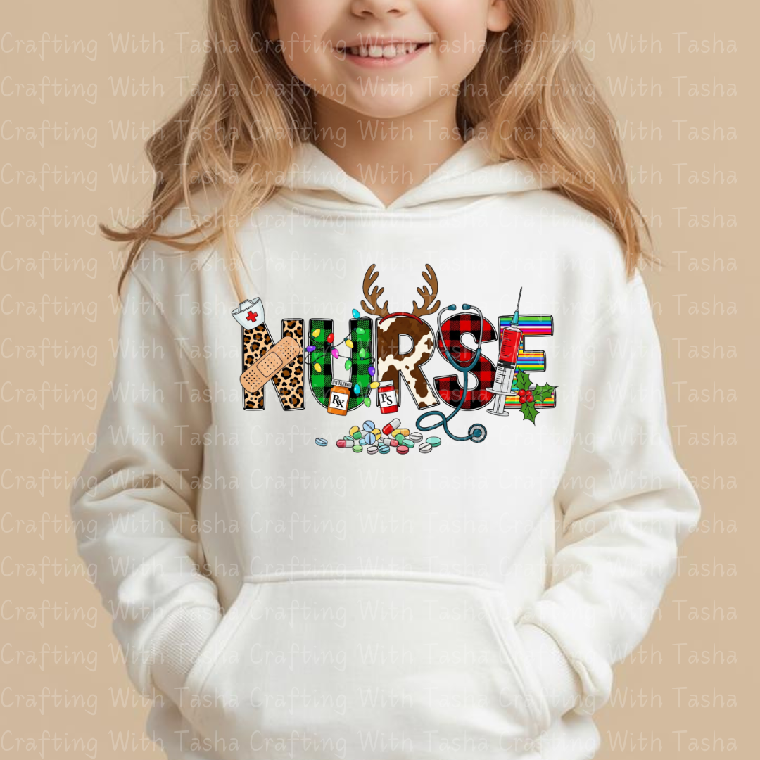 Christmas Nurse DTF Transfer – Leopard Print, Reindeer, RX Bottles, Holiday Medical Design