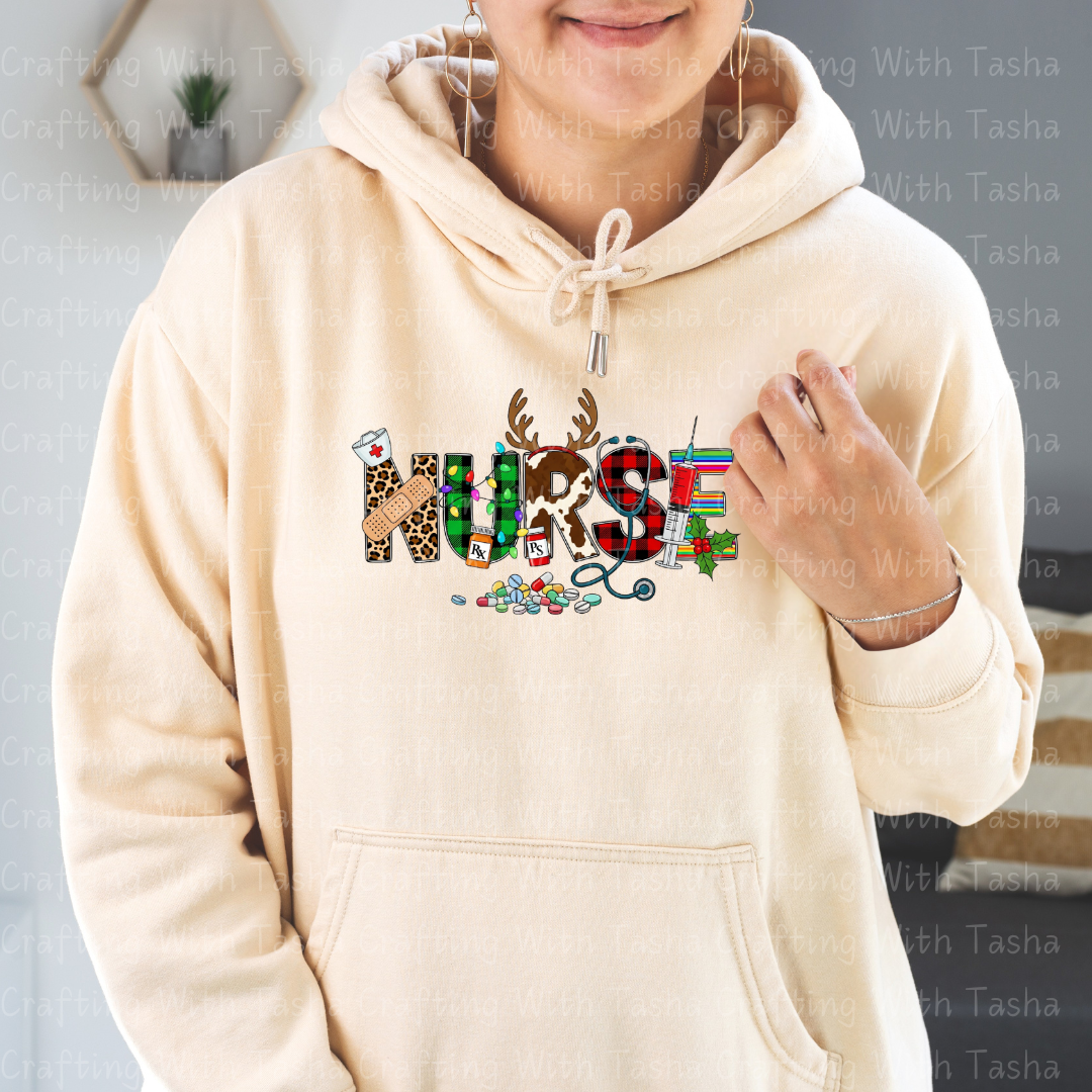 Christmas Nurse DTF Transfer – Leopard Print, Reindeer, RX Bottles, Holiday Medical Design