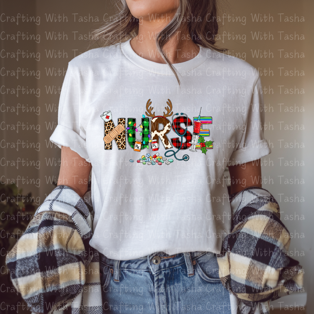 Christmas Nurse DTF Transfer – Leopard Print, Reindeer, RX Bottles, Holiday Medical Design