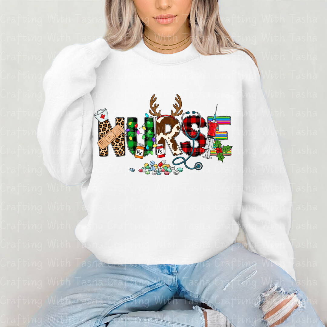 Christmas Nurse DTF Transfer – Leopard Print, Reindeer, RX Bottles, Holiday Medical Design