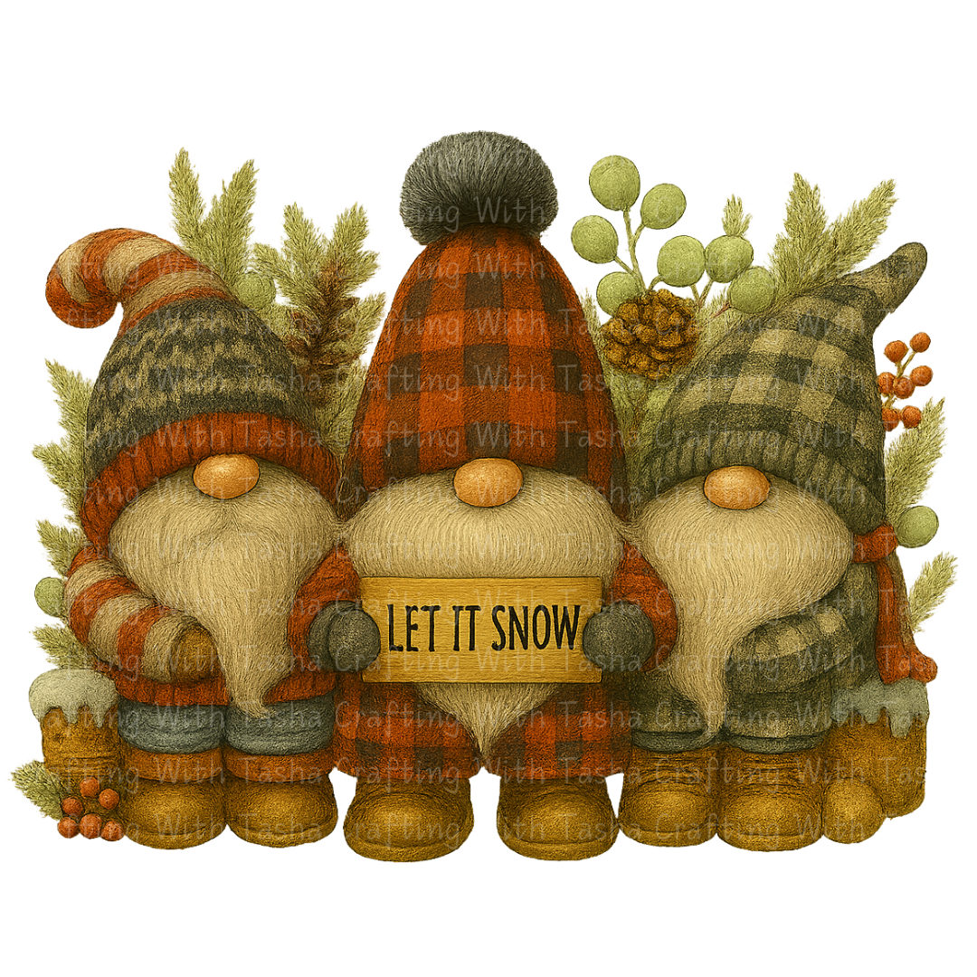 Let It Snow Gnome Trio – Rustic Plaid Christmas DTF Transfer, Cozy Winter Gnomes