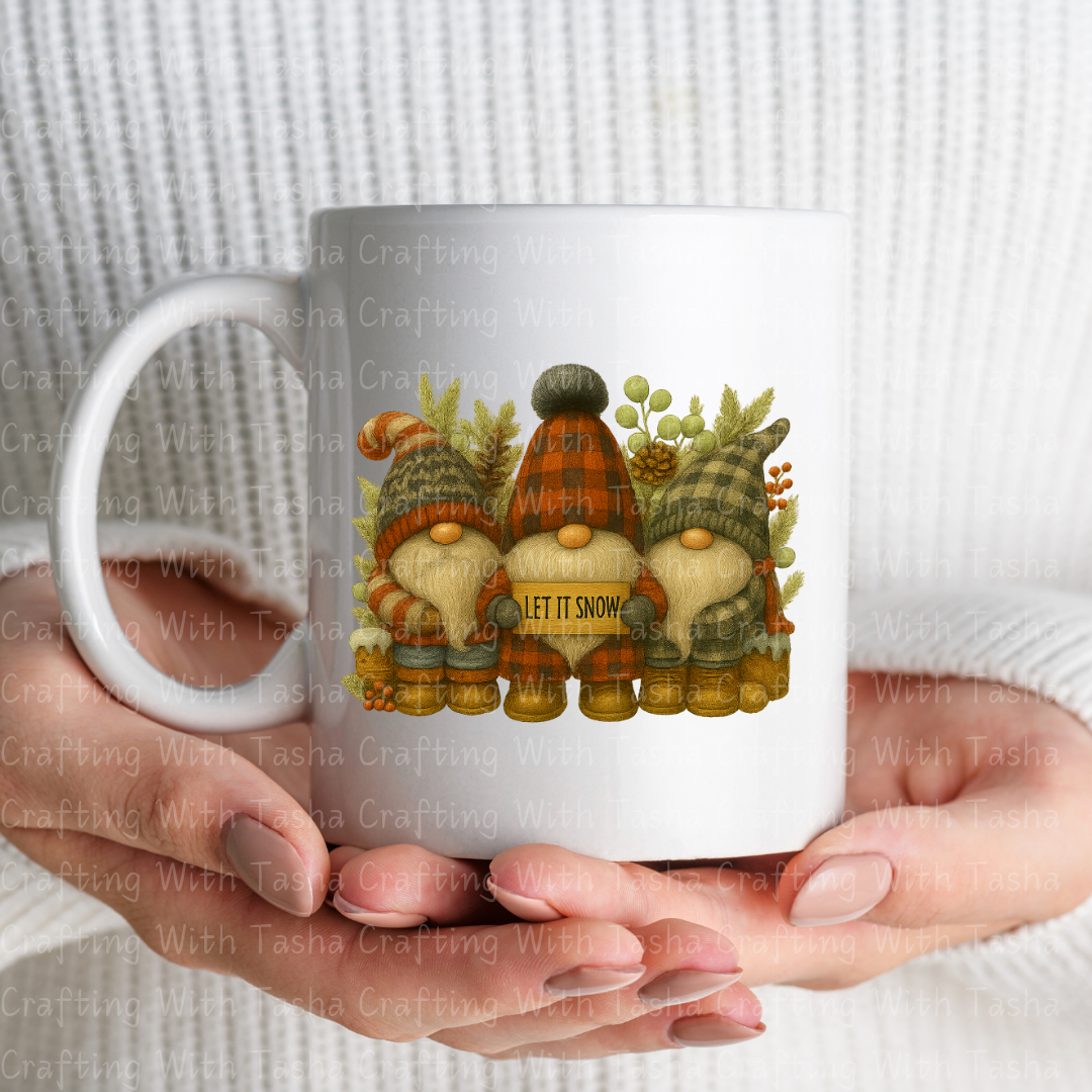 Let It Snow Gnome Trio – Rustic Plaid Christmas DTF Transfer, Cozy Winter Gnomes