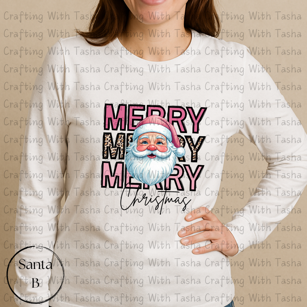 Merry Merry Merry Christmas Santa B with Leopard Print Design – Customizable DTF Transfer, T-Shirt, Crew Neck, Hoodie, or Cup Transfer