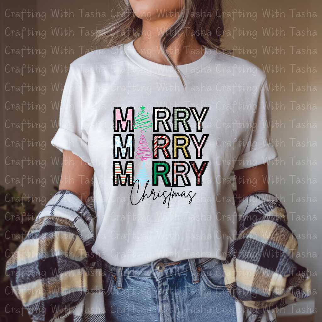Colorful Patterned Merry Merry Merry Christmas Design – Customizable DTF Transfer, T-Shirt, Crew Neck, Hoodie, or Cup Transfer