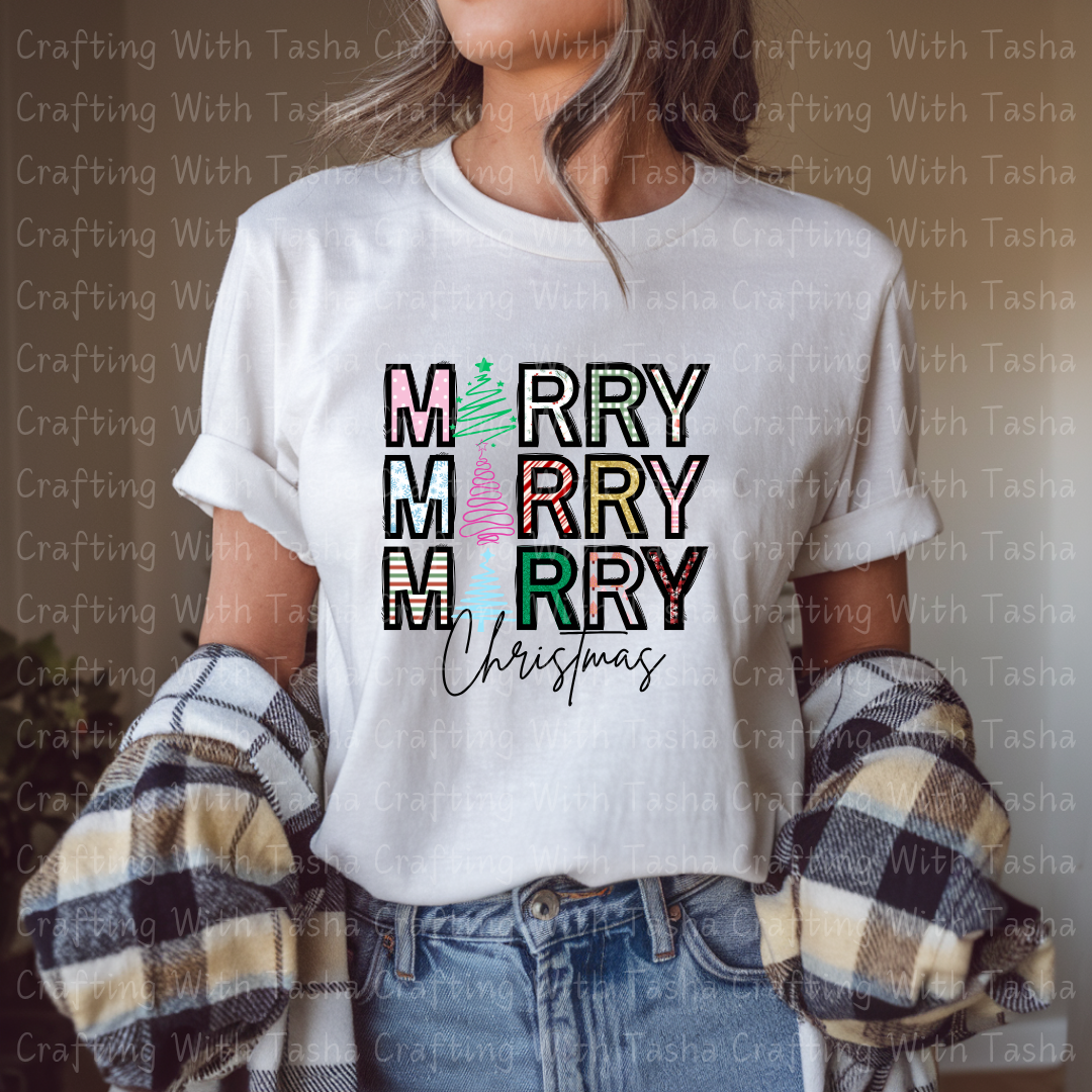 Colorful Patterned Merry Merry Merry Christmas Design – Customizable DTF Transfer, T-Shirt, Crew Neck, Hoodie, or Cup Transfer