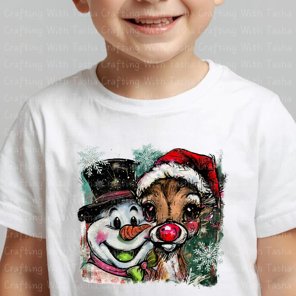Vintage Frosty and Rudolph Christmas Design – Customizable DTF Transfer, T-Shirt, Crew Neck, Hoodie, or Cup Transfer