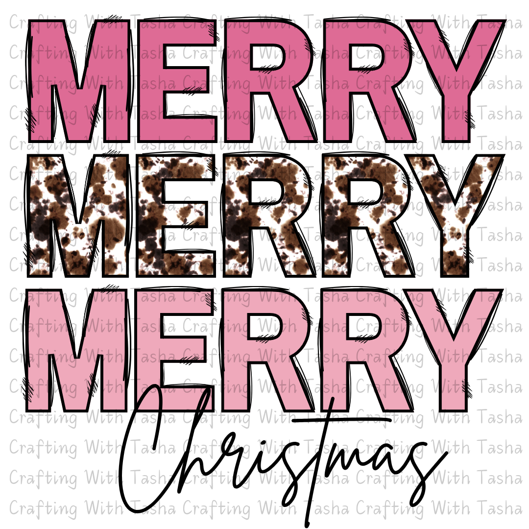 Merry Merry Merry Christmas Pink & Cow Print Design – Customizable DTF Transfer, T-Shirt, Crew Neck, Hoodie, or Cup Transfer