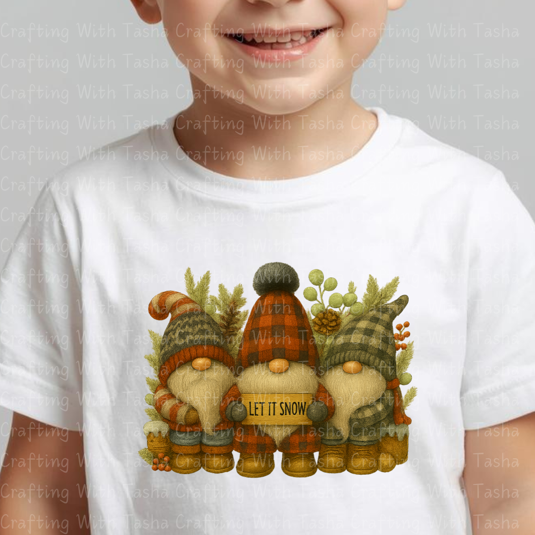 Let It Snow Gnome Trio – Rustic Plaid Christmas DTF Transfer, Cozy Winter Gnomes