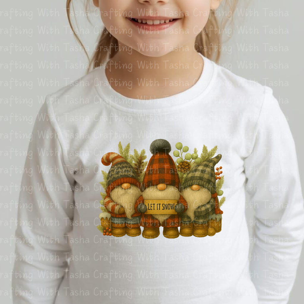 Let It Snow Gnome Trio – Rustic Plaid Christmas DTF Transfer, Cozy Winter Gnomes