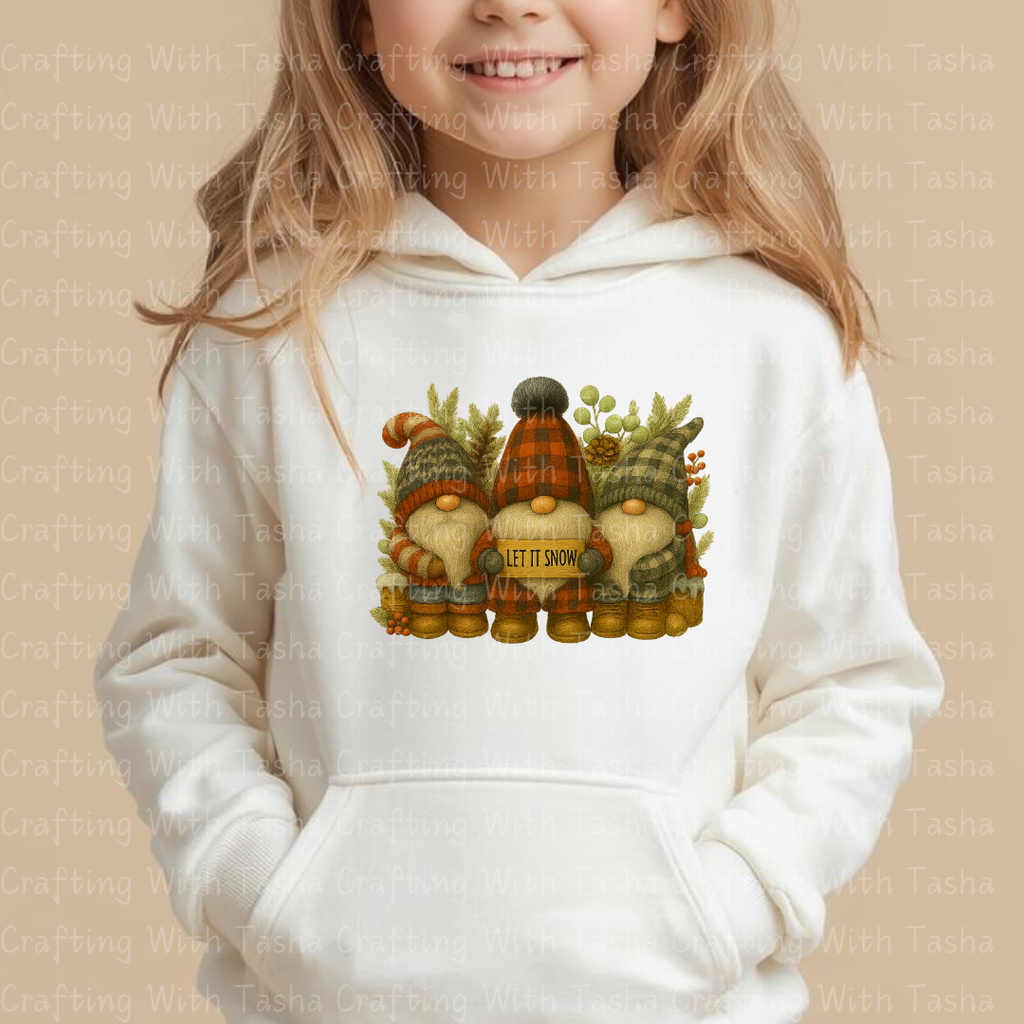 Let It Snow Gnome Trio – Rustic Plaid Christmas DTF Transfer, Cozy Winter Gnomes