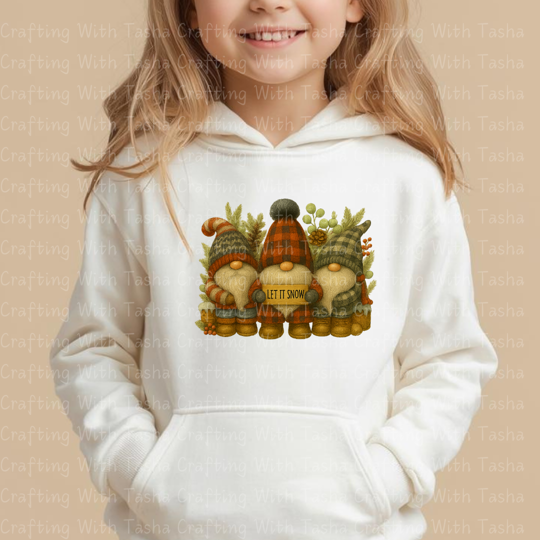 Let It Snow Gnome Trio – Rustic Plaid Christmas DTF Transfer, Cozy Winter Gnomes