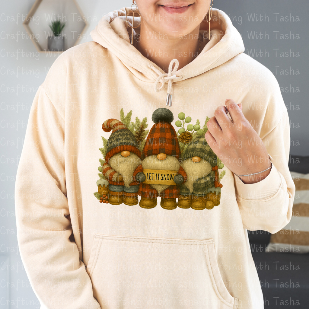Let It Snow Gnome Trio – Rustic Plaid Christmas DTF Transfer, Cozy Winter Gnomes