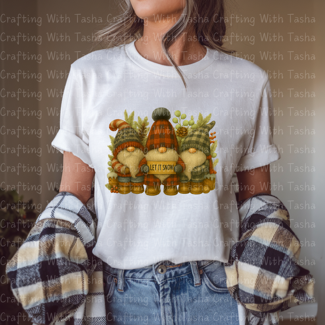 Let It Snow Gnome Trio – Rustic Plaid Christmas DTF Transfer, Cozy Winter Gnomes