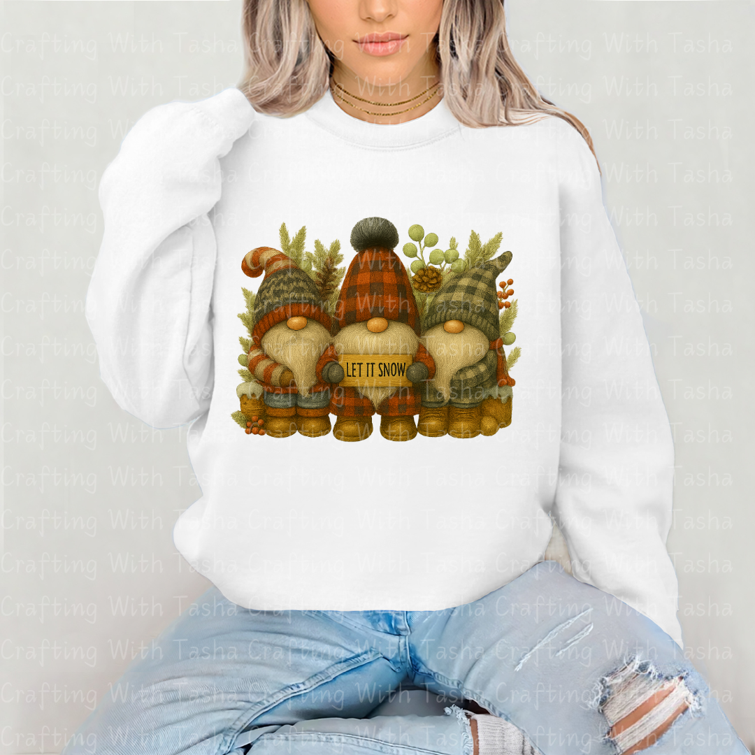 Let It Snow Gnome Trio – Rustic Plaid Christmas DTF Transfer, Cozy Winter Gnomes