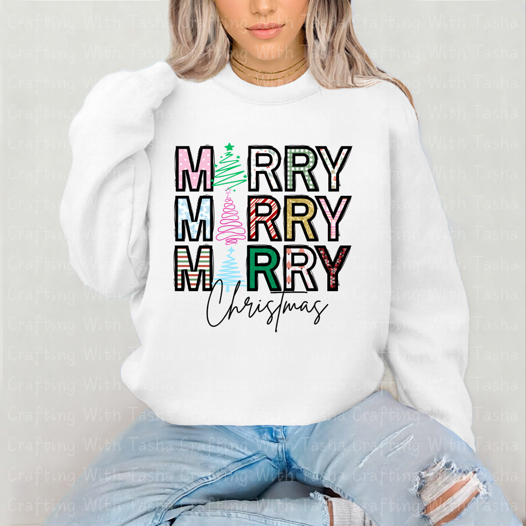 Colorful Patterned Merry Merry Merry Christmas Design – Customizable DTF Transfer, T-Shirt, Crew Neck, Hoodie, or Cup Transfer