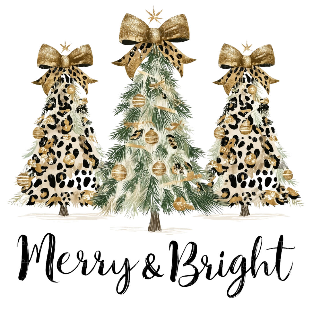 Merry & Bright Leopard and Gold Christmas Tree Design – Customizable DTF Transfer, T-Shirt, Crew Neck, Hoodie, or Cup Transfer