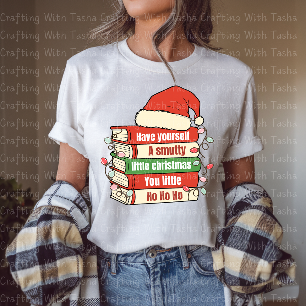 Smutty Christmas Book Stack 1 – Spicy Reader Holiday DTF Transfer, Funny Book Lover Christmas Design