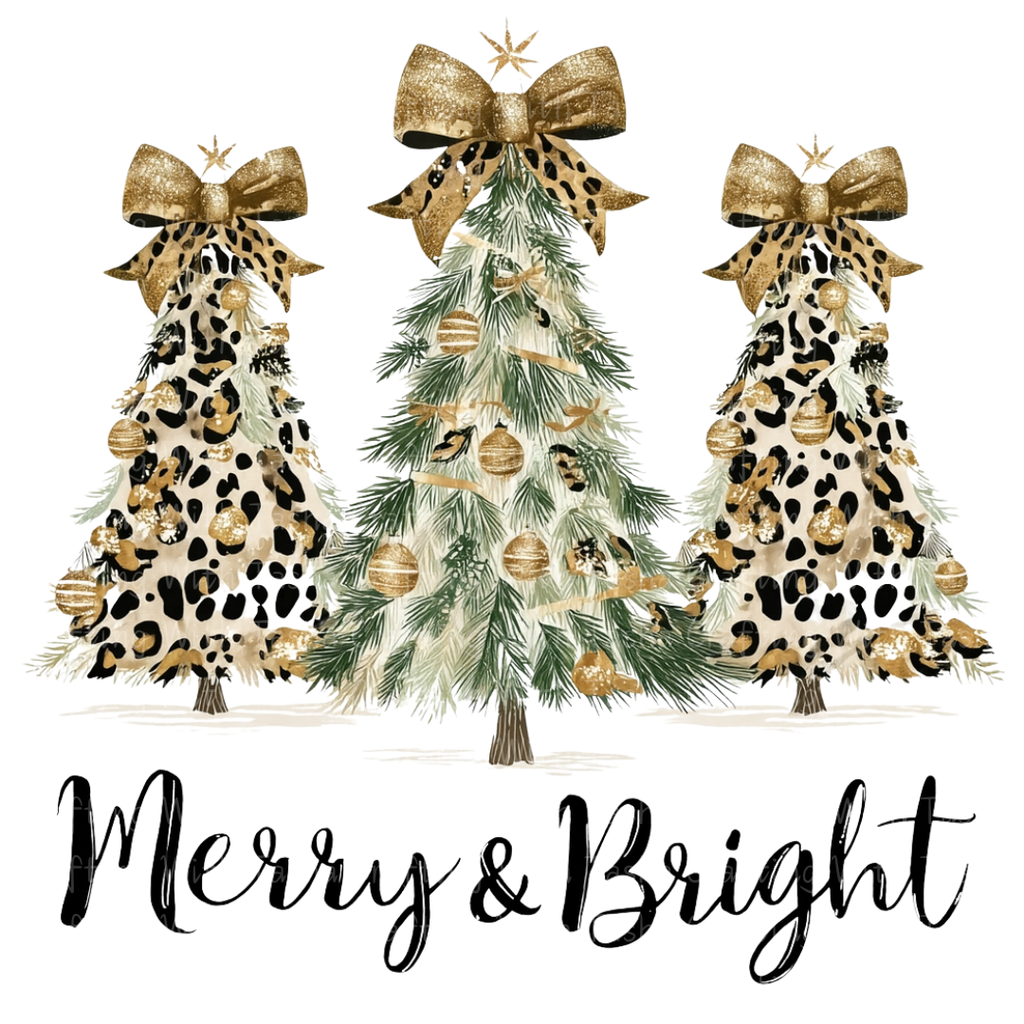 Merry & Bright Leopard and Gold Christmas Tree Design – Customizable DTF Transfer, T-Shirt, Crew Neck, Hoodie, or Cup Transfer