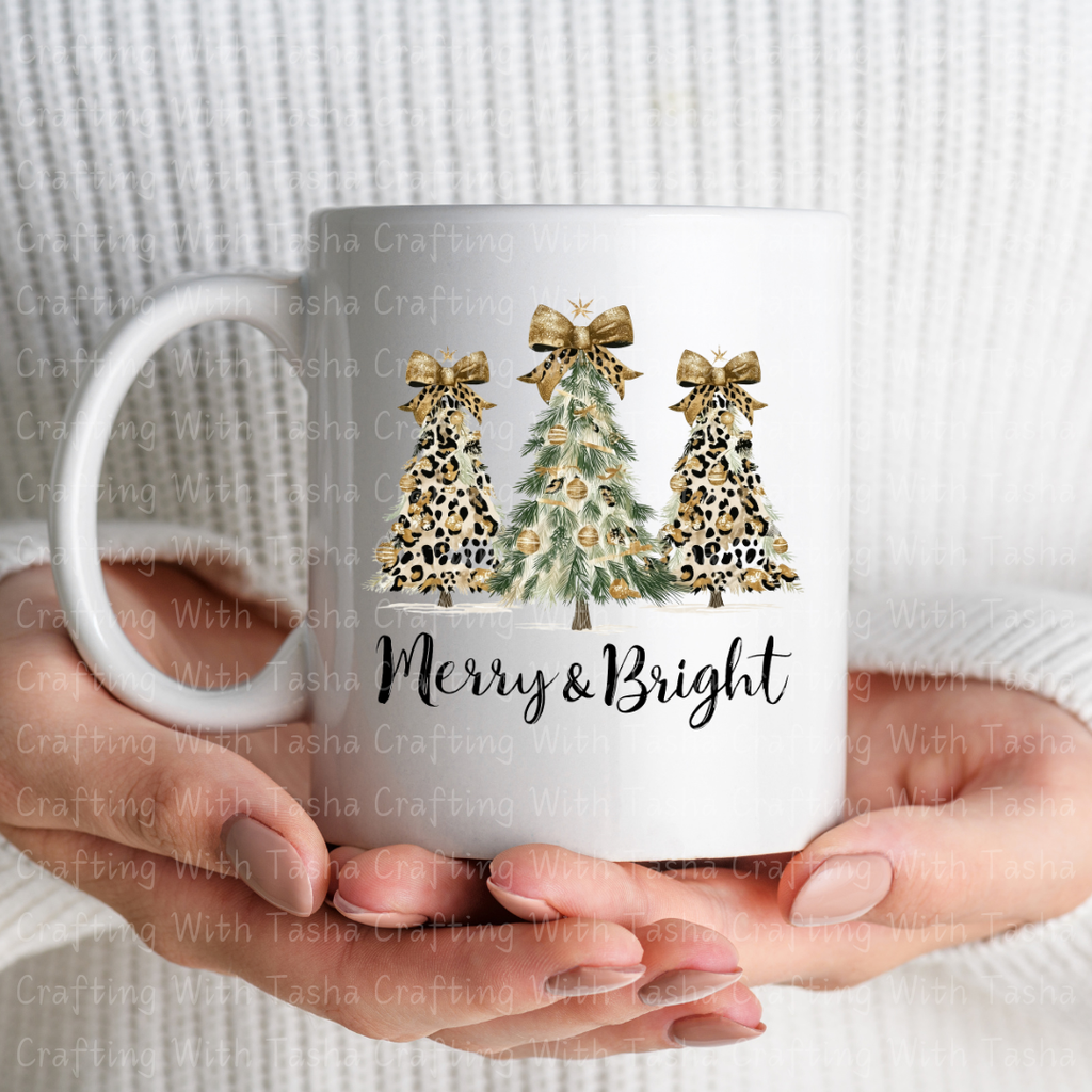 Merry & Bright Leopard and Gold Christmas Tree Design – Customizable DTF Transfer, T-Shirt, Crew Neck, Hoodie, or Cup Transfer