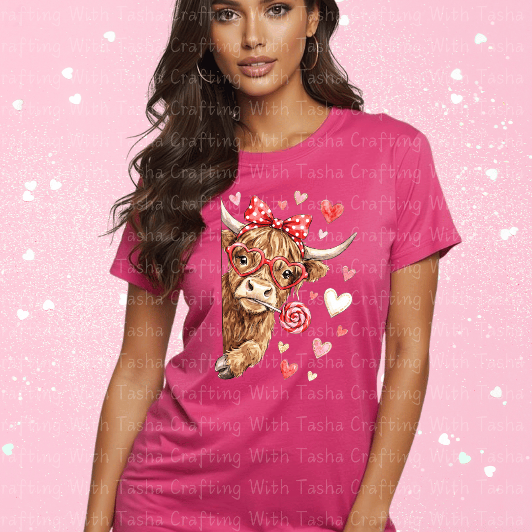 Highland Cow Valentine Shirt – Cute Cow with Hearts & Lollipop (Variation 1)