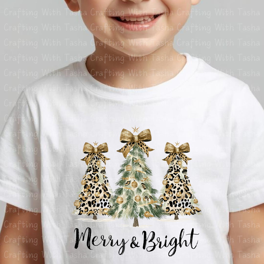Merry & Bright Leopard and Gold Christmas Tree Design – Customizable DTF Transfer, T-Shirt, Crew Neck, Hoodie, or Cup Transfer